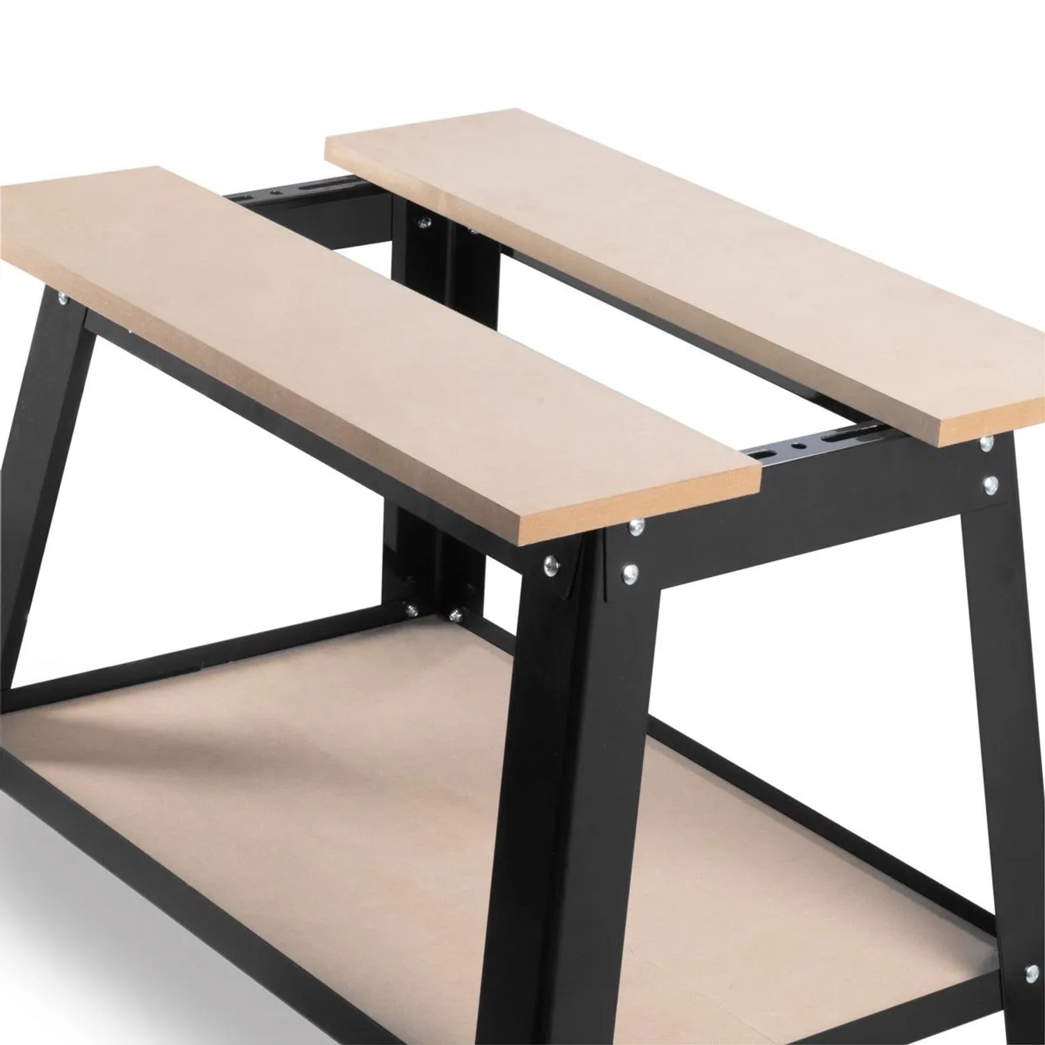 STAHLWERK Universal Maschinenständer aus schwarzem Stahl mit zwei verstellbaren Holzauflagen und Ablagefach für Werkstatt.