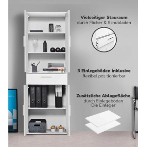 Weißer Mehrzweckschrank/Büroschrank mit offenen Fächern, Schublade und Stauraum.