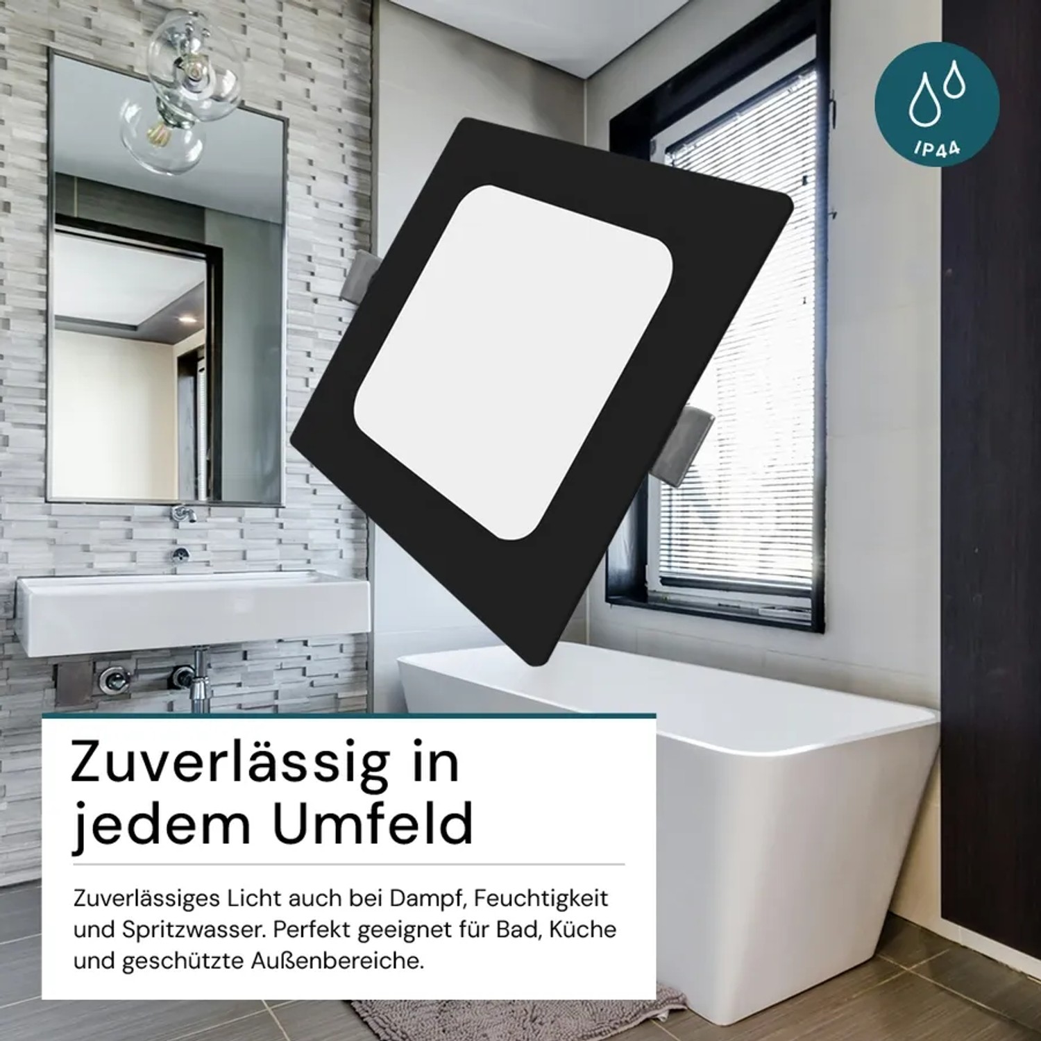 Schwarzer, eckiger LUXULA LED Einbaustrahler im Badezimmer, IP44-geschützt.