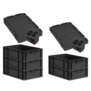 PROREGAL SuperSparSet: 5 schwarze Euroboxen (34L) mit Deckel und Griffen, gestapelt.