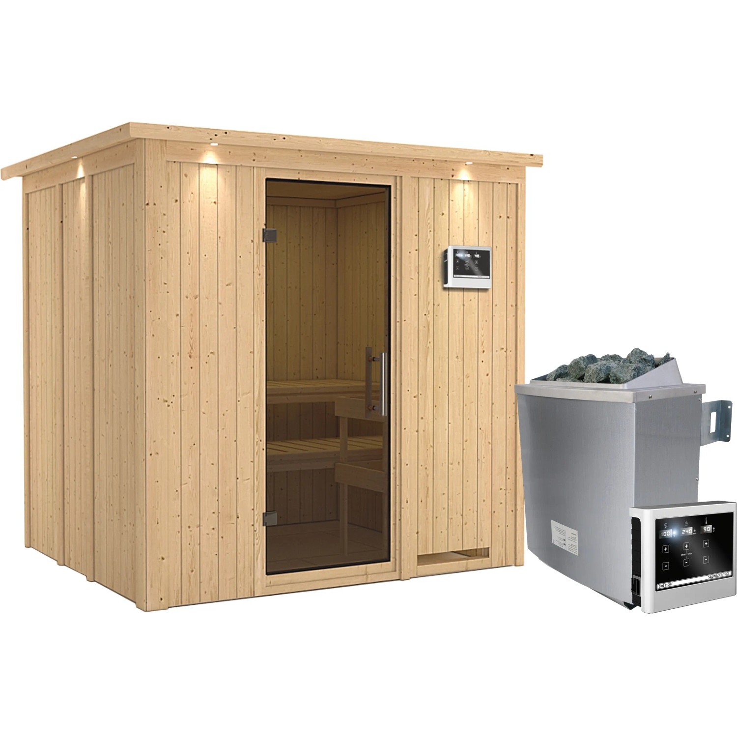 Karibu Sauna Stina inkl. Ofen 9 kW mit ext. Steuerung, Dachkranz, Tür Graphit