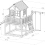 Axi Liam Spielhaus mit Doppelschaukel, Rutsche, Sandkasten, braun-weiß, technische Zeichnung.