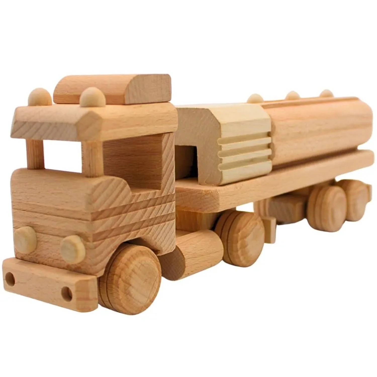Dekohelden24 Naturbelassener LKW als Modellauto Dekoauto als Tanklaster LKW mit Hänger Sattelauflieger aus Holz zum Bemalen L/B/H 29 x 6 x 12 cm