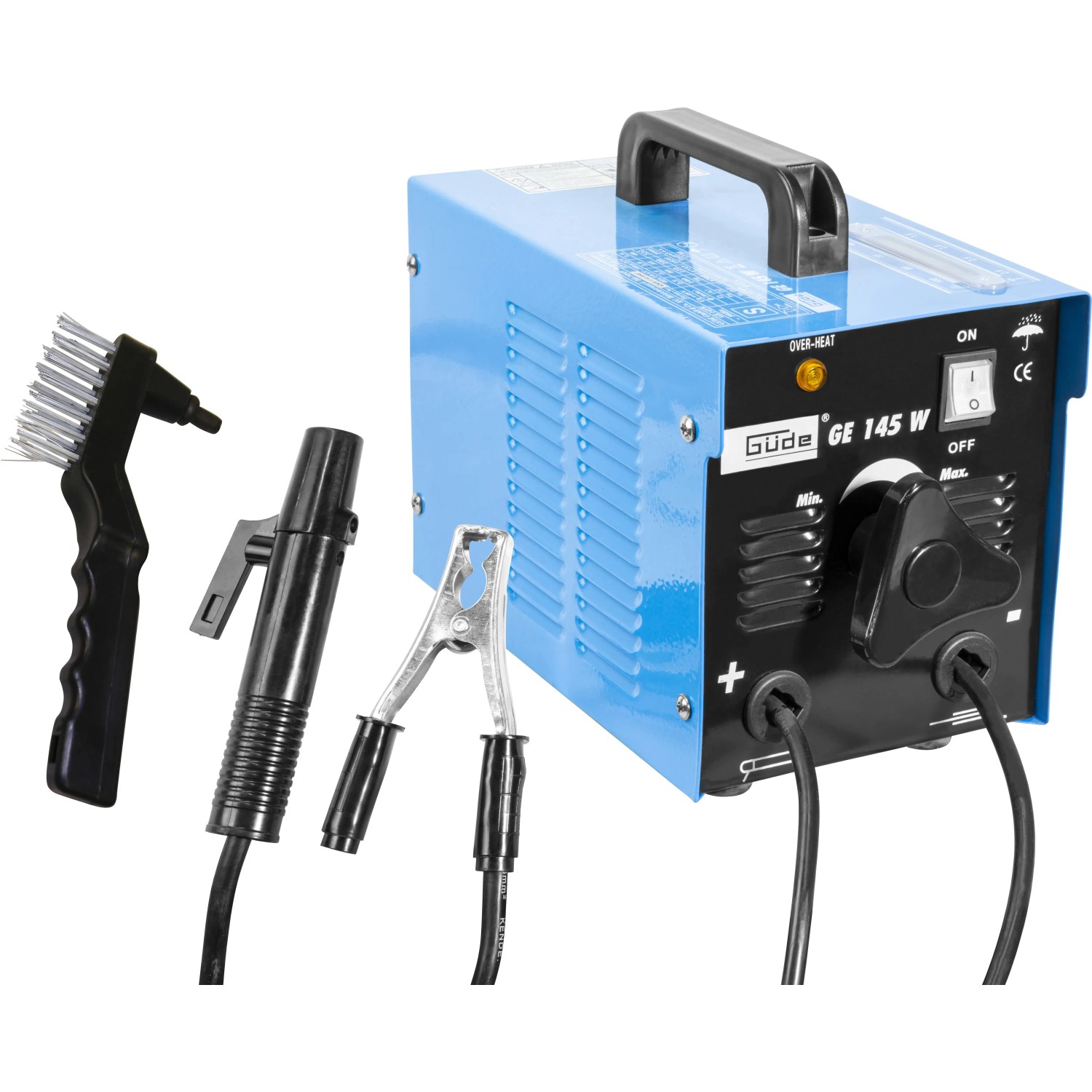 Güde Elektrodenschweißgerät GE 145 W mit Elektrodenhalter, Masseklemme und Schlackenhammer.