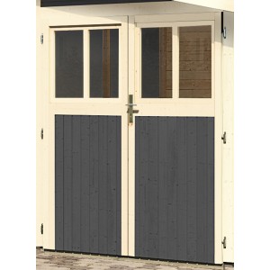 Karibu Zusatztür terragrau für Holz-Gartenhaus Kristiansund mit Kunstglas-Ausschnitten.