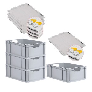 PROREGAL Spar Set: 4 graue Euroboxen mit Scharnierdeckel und gelben Verschlüssen, 44 Liter.