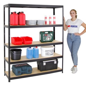 Schwarzes PROREGAL Schwerlastregal Giant Elephant mit 5 Böden und diversen Gegenständen.