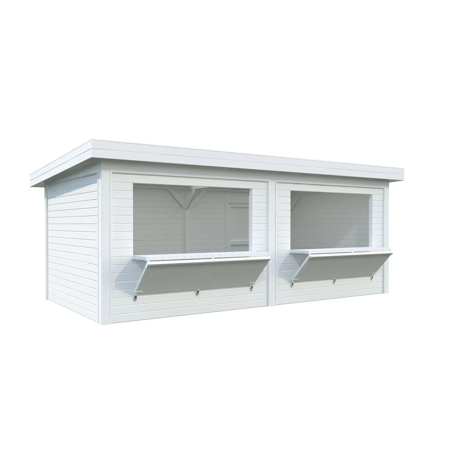 Weißer Palmako Marktstand Lenna Set 311 mit zwei Verkaufsklappen, lackiert und aus Fichtenholz.