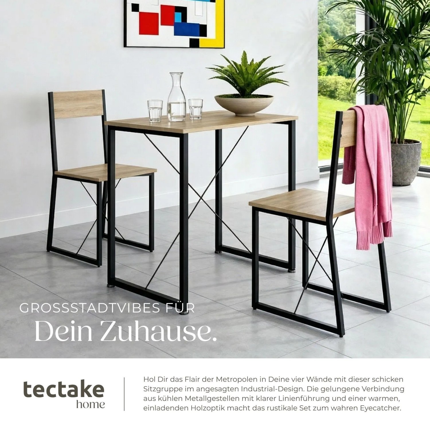 Tectake Sitzgruppe Margate 3 Teilig Esstisch Mit 2 Stühlen 138 x 80 x 90 cm Industrial Holz Hell Eiche Sonoma_4