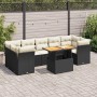 Schwarze 8-tlg. vidaXL Garten-Sofagarnitur mit Kissen und Tisch mit Holzplatte.