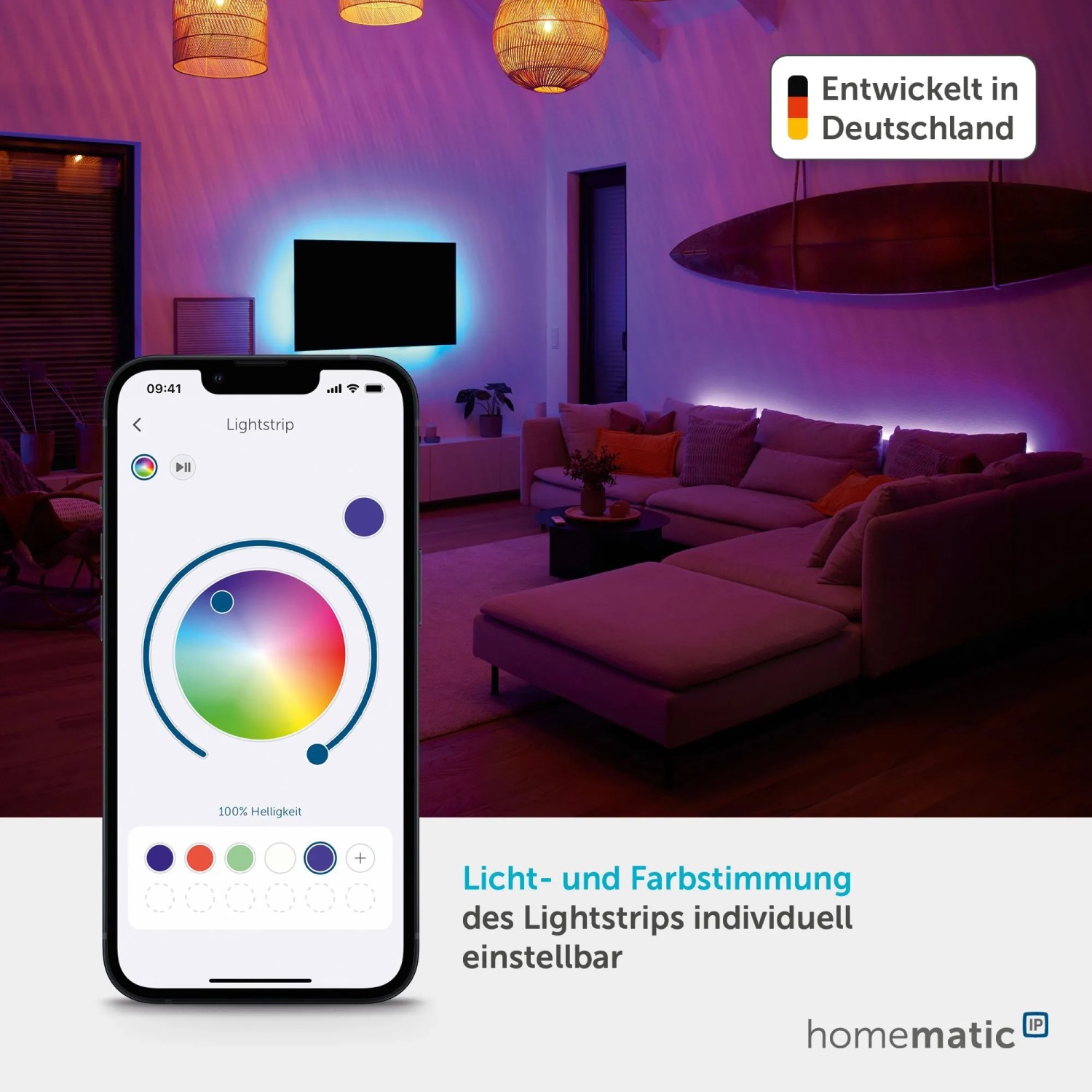 Homematic IP Lightstrip Set 2 m im Wohnzimmer, gesteuert per App auf dem Smartphone.