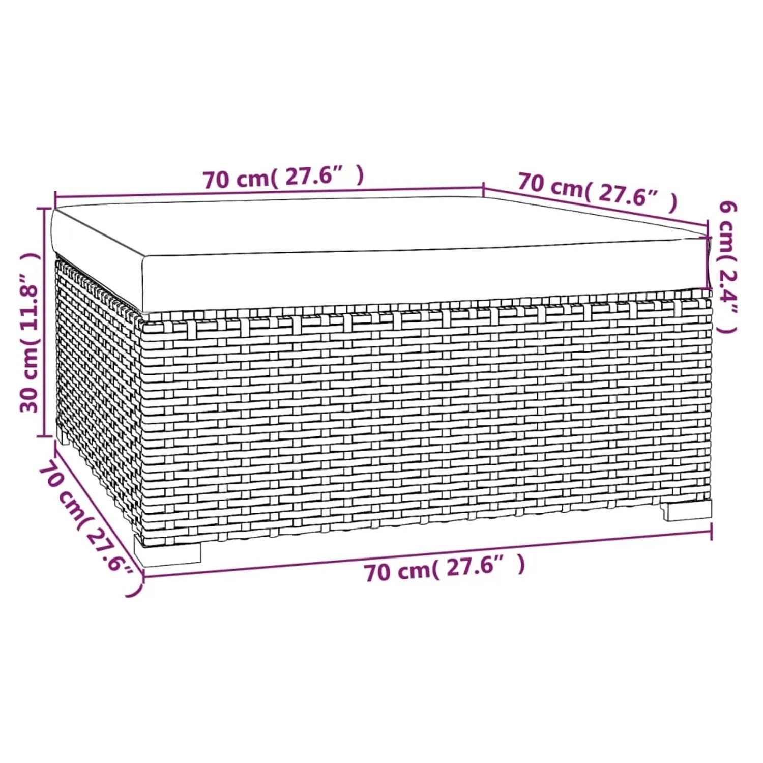 Skizze eines grauen vidaXL Gartenmöbel-Sets aus Polyrattan mit Kissen, Maße sind eingezeichnet.