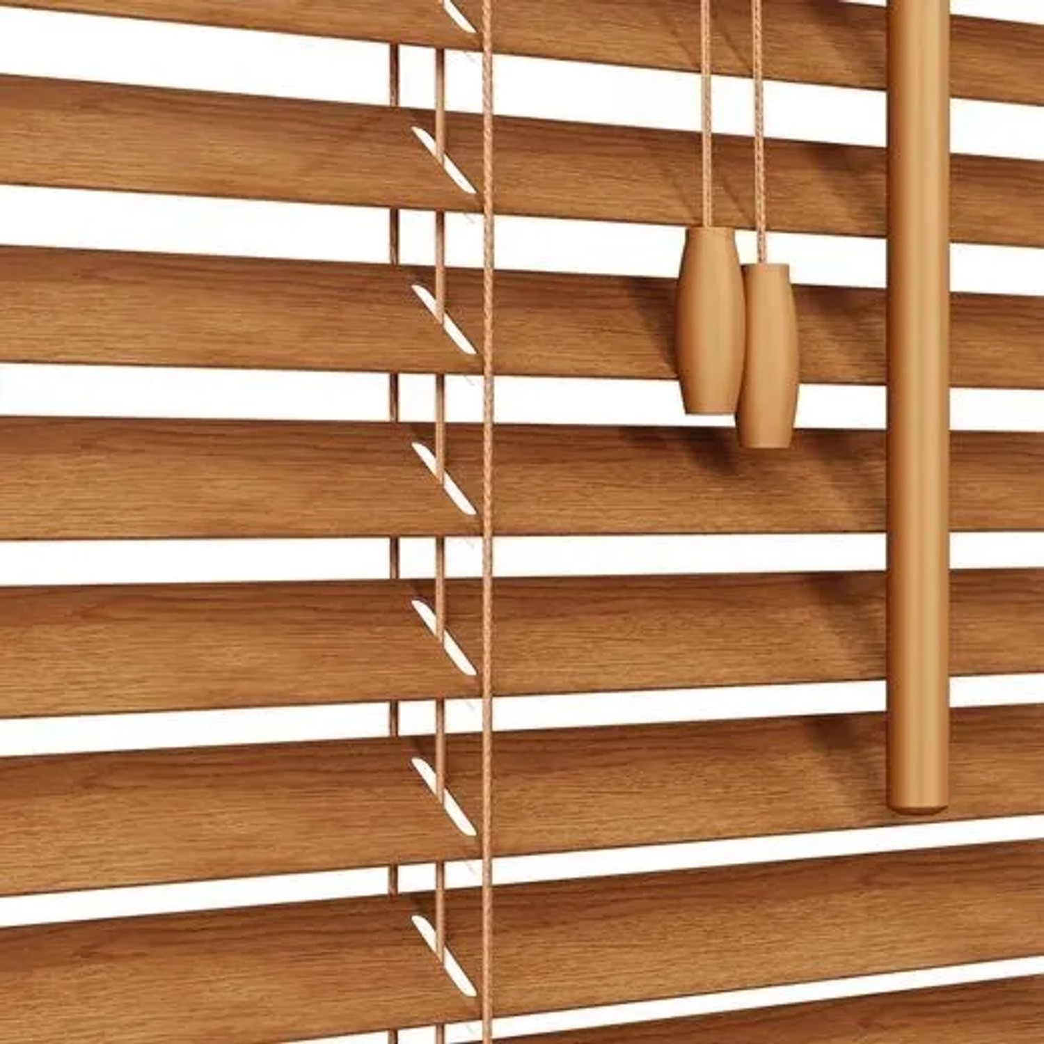 Holzjalousie in Walnussholzoptik mit 35mm Lamellen, Zugseil und Wendestab zur Lichtregulierung. Ideal als Fenstervorhang.