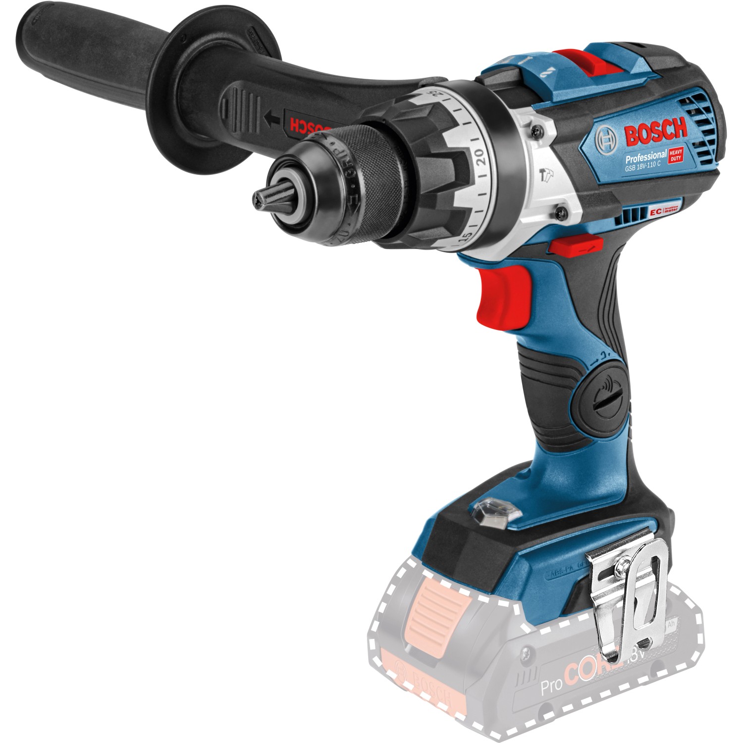 Bosch Professional Akku-Schlagbohrschrauber GSB 18V-110 C Solo, Zusatzhandgriff