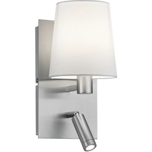 Moderne Trio Wandleuchte Marriot in Nickel matt mit Stoffschirm und LED-Leselampe.
