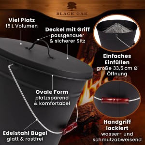Schwarzer BLACK OAK Ascheeimer Vesuvio 15L mit Deckel für Kamin und Grill.