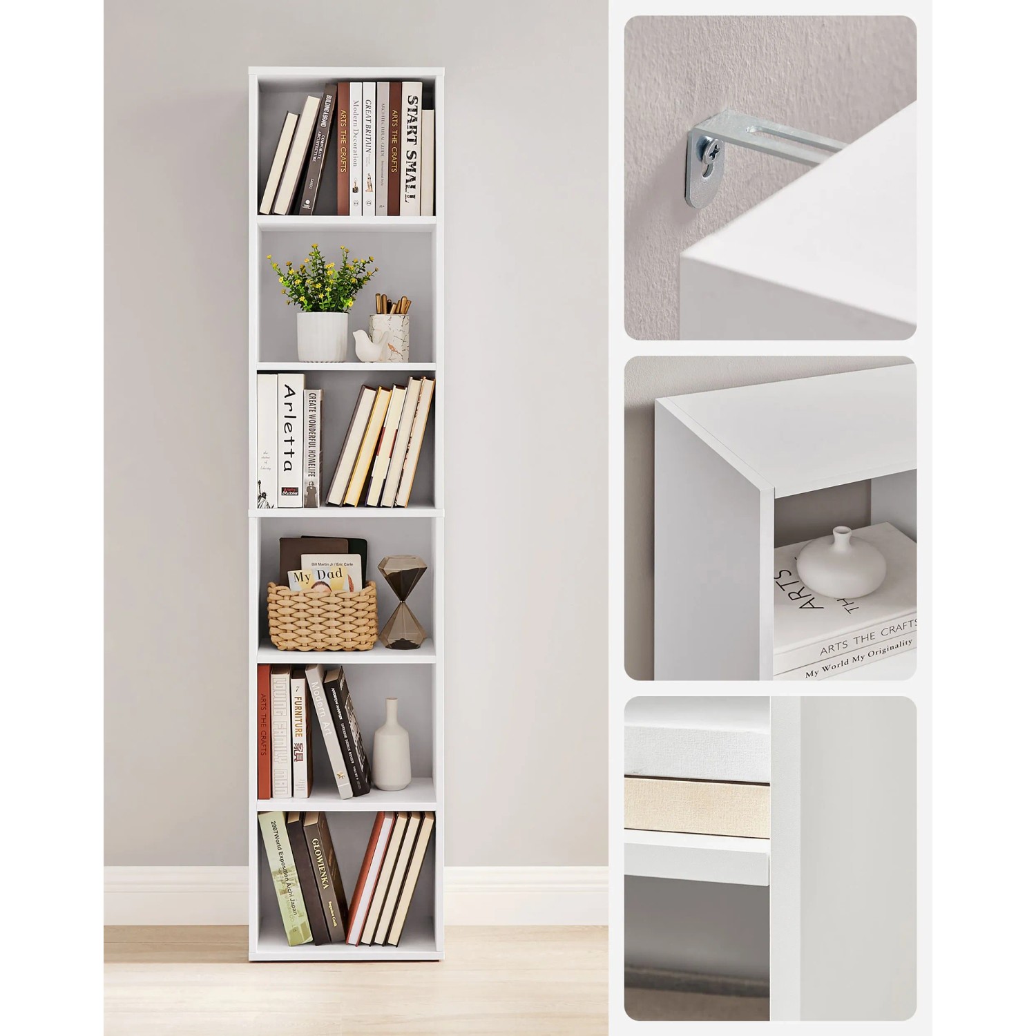 Weißes Songmics Bücherregal Custos mit 6 Ebenen, gefüllt mit Büchern und Dekoration.