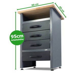 Werkbank-Schrank aus dem Ondis24 Werkstatt Set Entdecker Plus mit Buchenholzplatte und Schubladen.