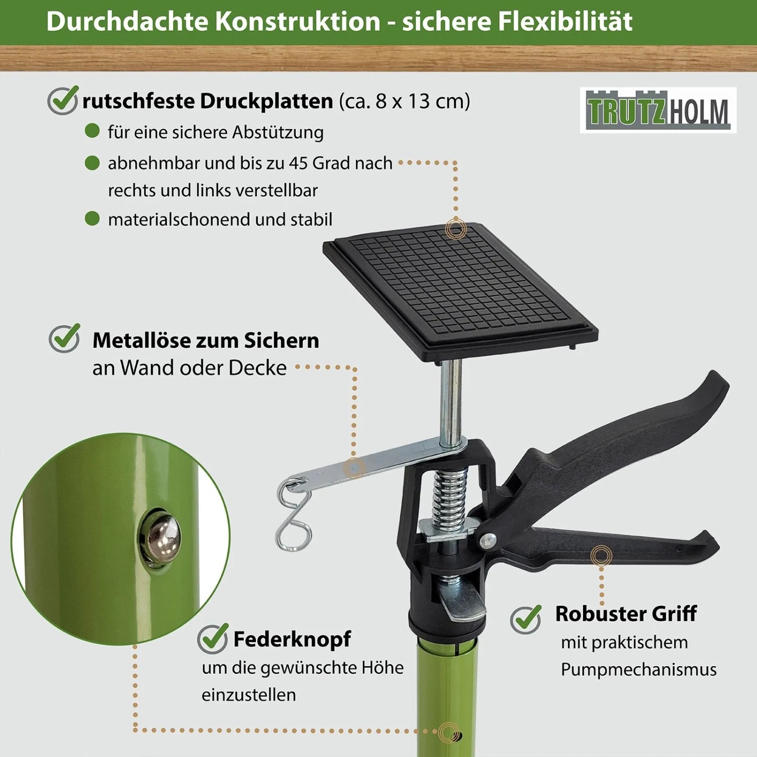 TRUTZHOLM Einhandstütze, teleskopierbar von 115 bis 290 cm, mit Neigungswinkel für Montagearbeiten.