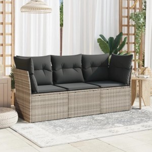 Hellgraue 3-tlg. vidaXL Garten-Sofagarnitur aus Polyrattan mit grauen Kissen.