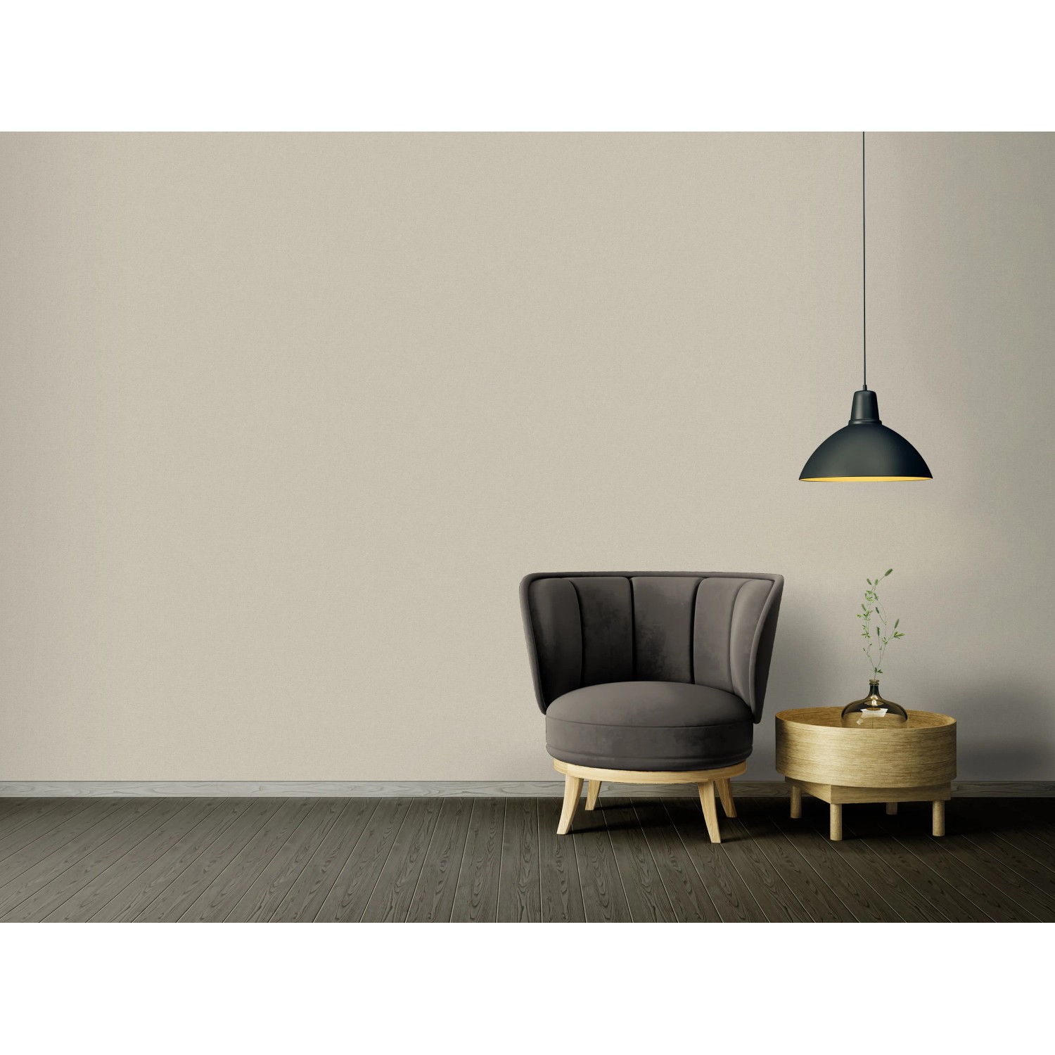 Wohnraum mit A.S. Création Vliestapete Ethnic Origin Uni Taupe, Sessel und Lampe.
