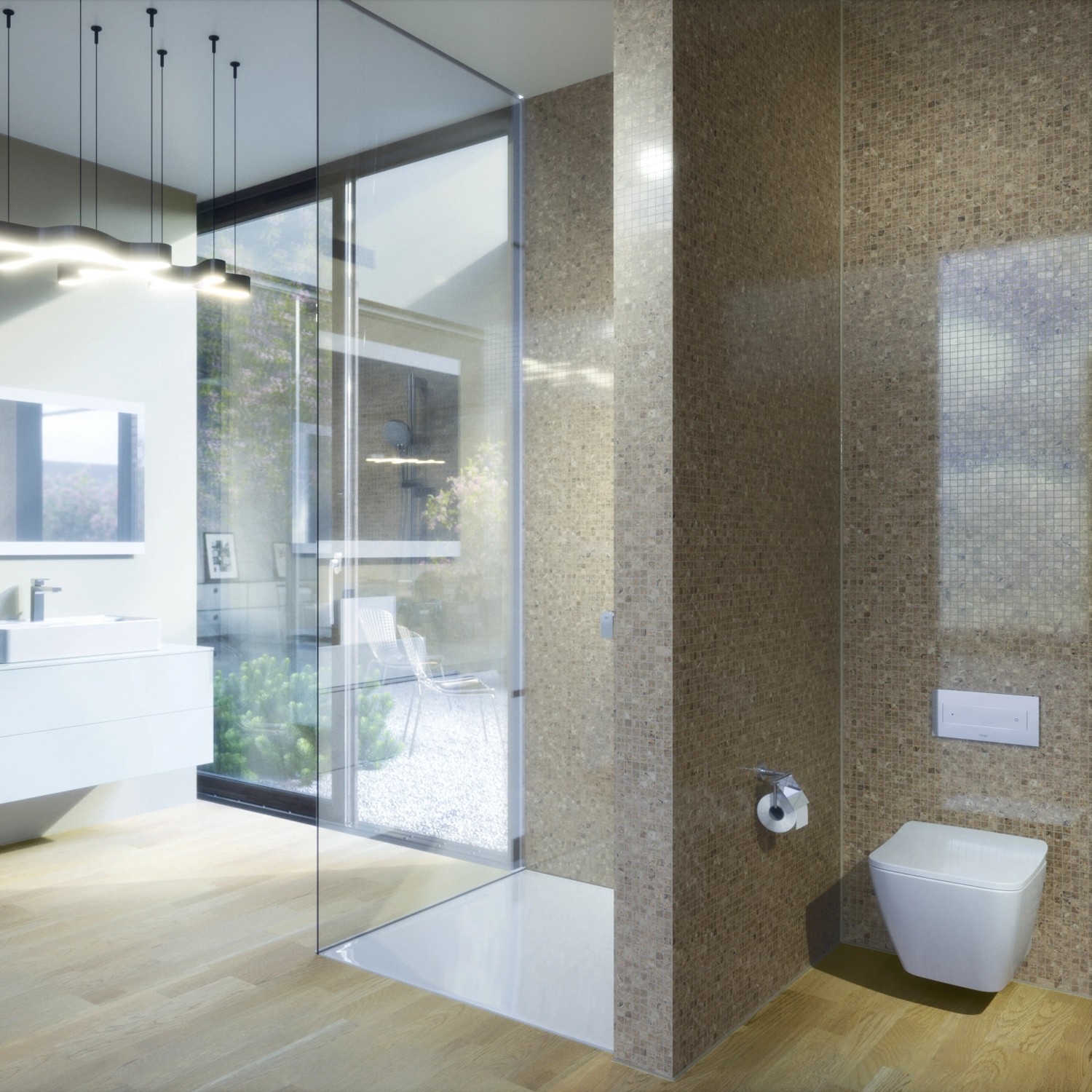 Modernes Bad mit Ideal Standard Wand-WC Strada II, spülrandlos in Weiß. Hänge-WC mit AquaBlade Technologie.