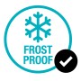 Symbol: Frostsicher. Schneeflocke in blauem Kreis mit Text "FROST PROOF" und schwarzem Häkchen.