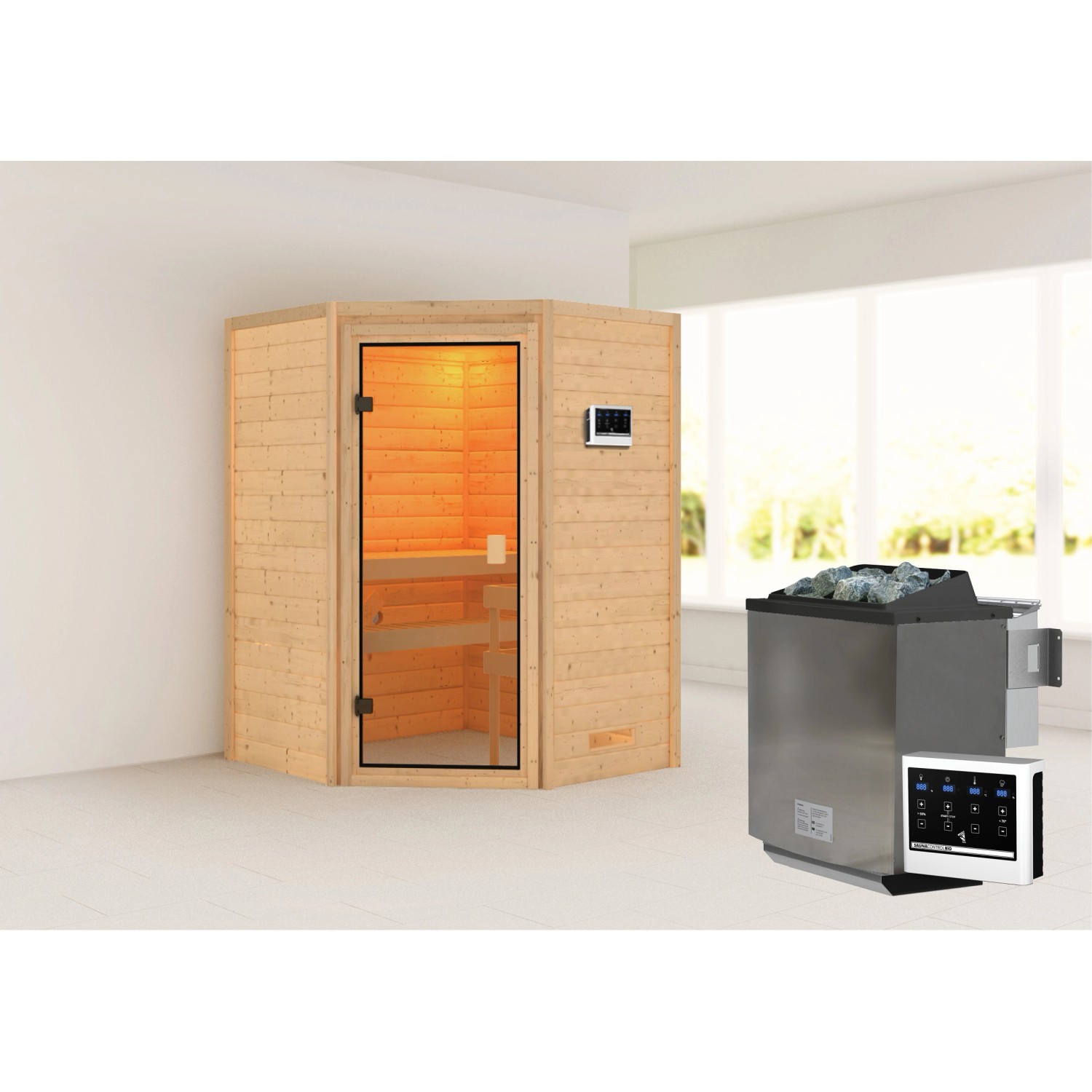 Woodfeeling Sauna Antonia inkl. 9 kW Bio-Ofen mit ext. Strg. Glastür