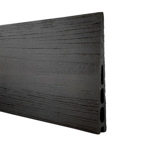 Detailaufnahme einer anthrazitfarbenen WPC Zaun-Lamelle mit Holzstruktur für Garten-Sichtschutz.
