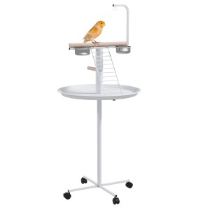 PawHut Vogel Spielplatz mit Futterstation, weiß, mit Rädern und Sitzstangen. Ein gelber Vogel sitzt auf der Stange.