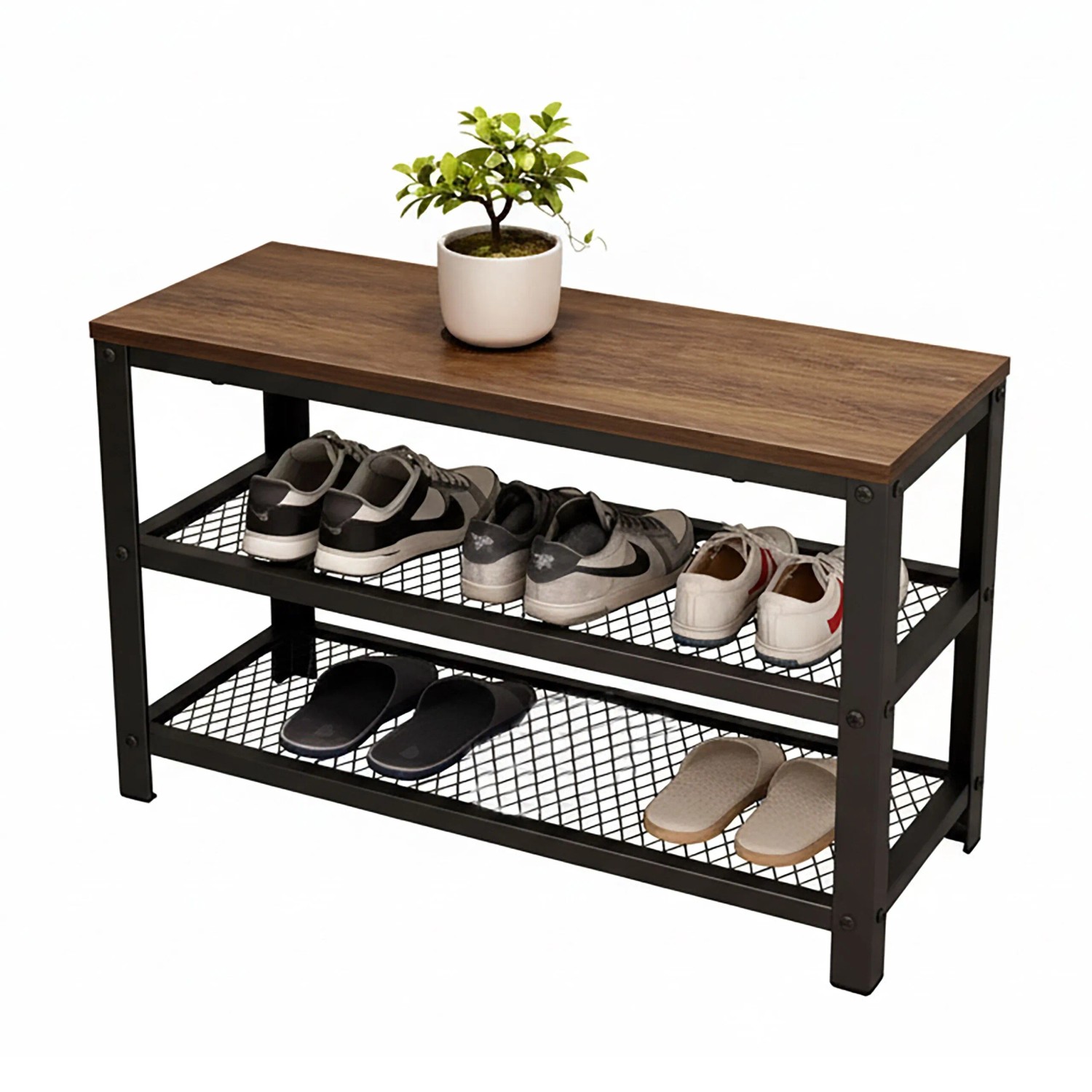 Relaxdays Schuhbank Stahl Schwarz Braun mit 2 Schuhablagen 45 cm x 73 cm x 30 cm