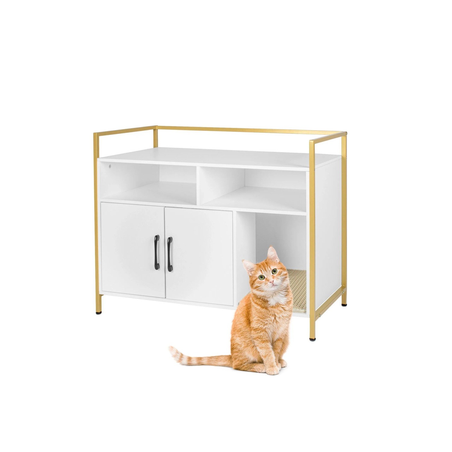 Relaxdays Katzenschrank Holzwerkstoff Stahl Weiß/Gold Mit 2 Türen 74 cm x 90 cm x 45 cm 20,6 kg