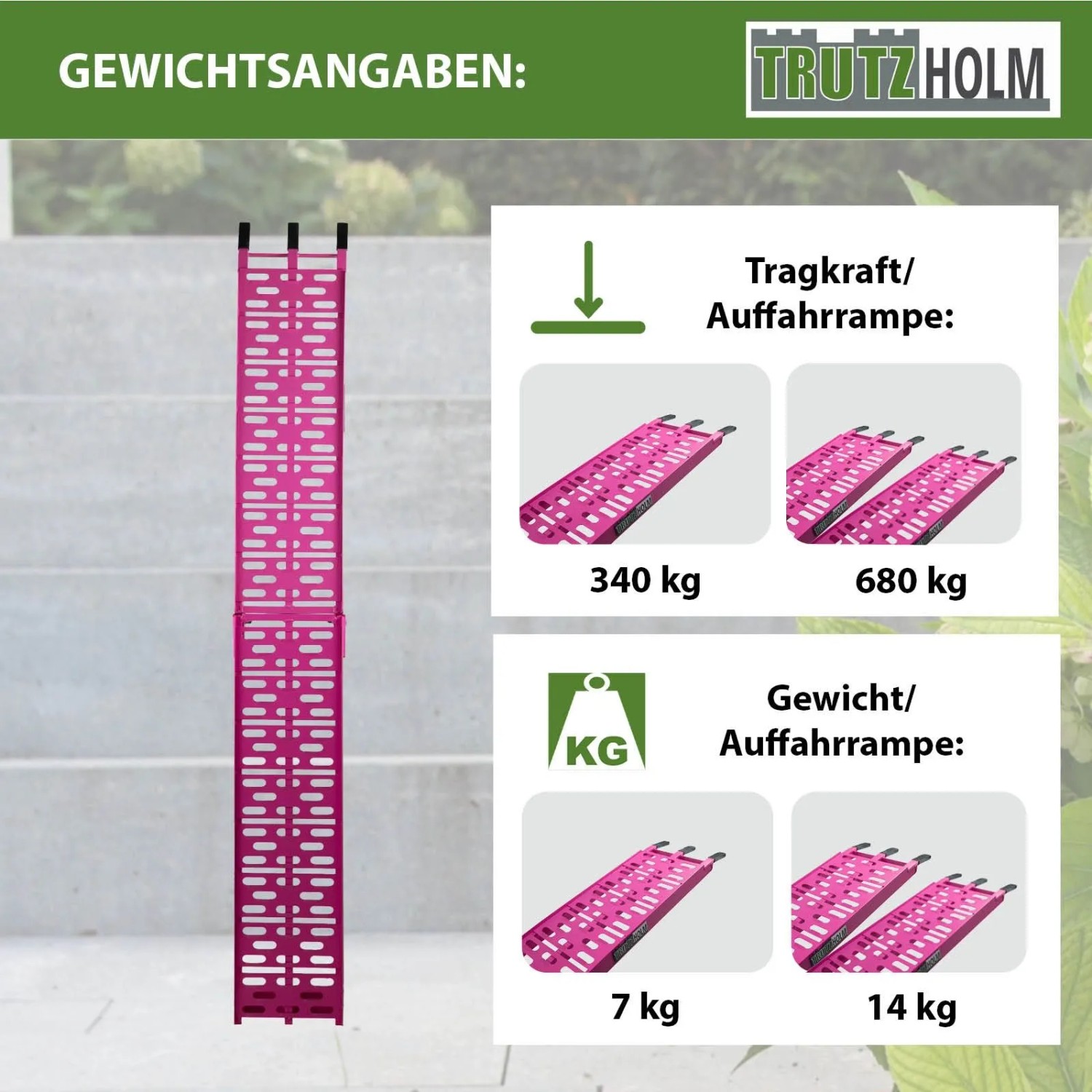 Pinke TRUTZHOLM Auffahrrampe, klappbar, mit Gewichtsangaben zur Traglast und zum Eigengewicht.