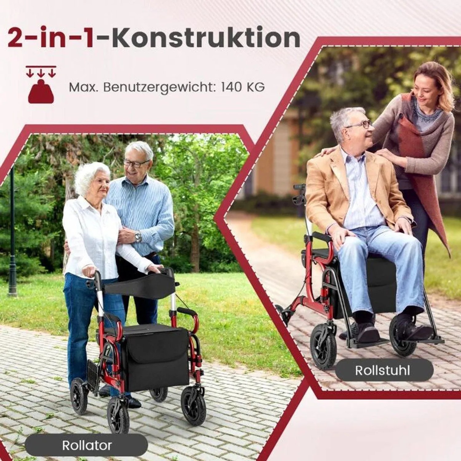 Roter 2-in-1 Rollator/Rollstuhl mit Luftbereifung, 140 kg Tragkraft. Senioren nutzen ihn als Gehhilfe und Schiebehilfe.