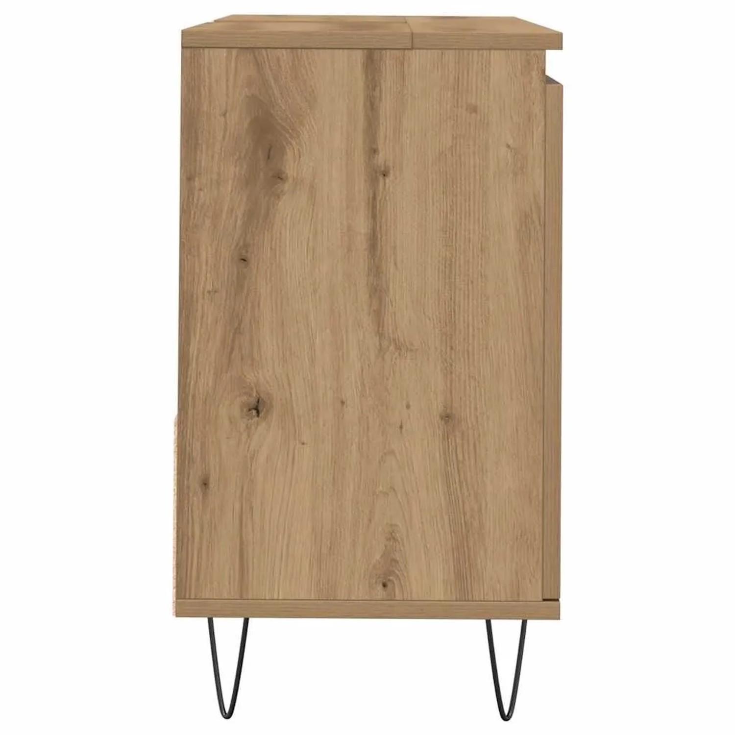 Waschbeckenunterschrank Artisan-Eiche aus Holzwerkstoff, Seitenansicht. Heller Holzton mit Maserung, schwarze Metallbeine für Bad.