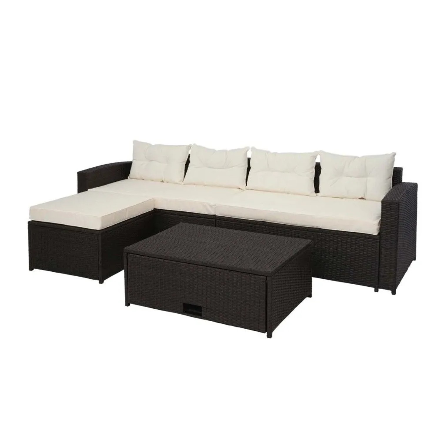 MCW Poly-Rattan Garnitur J34 4-teilig Braun Kissen Creme-Beige