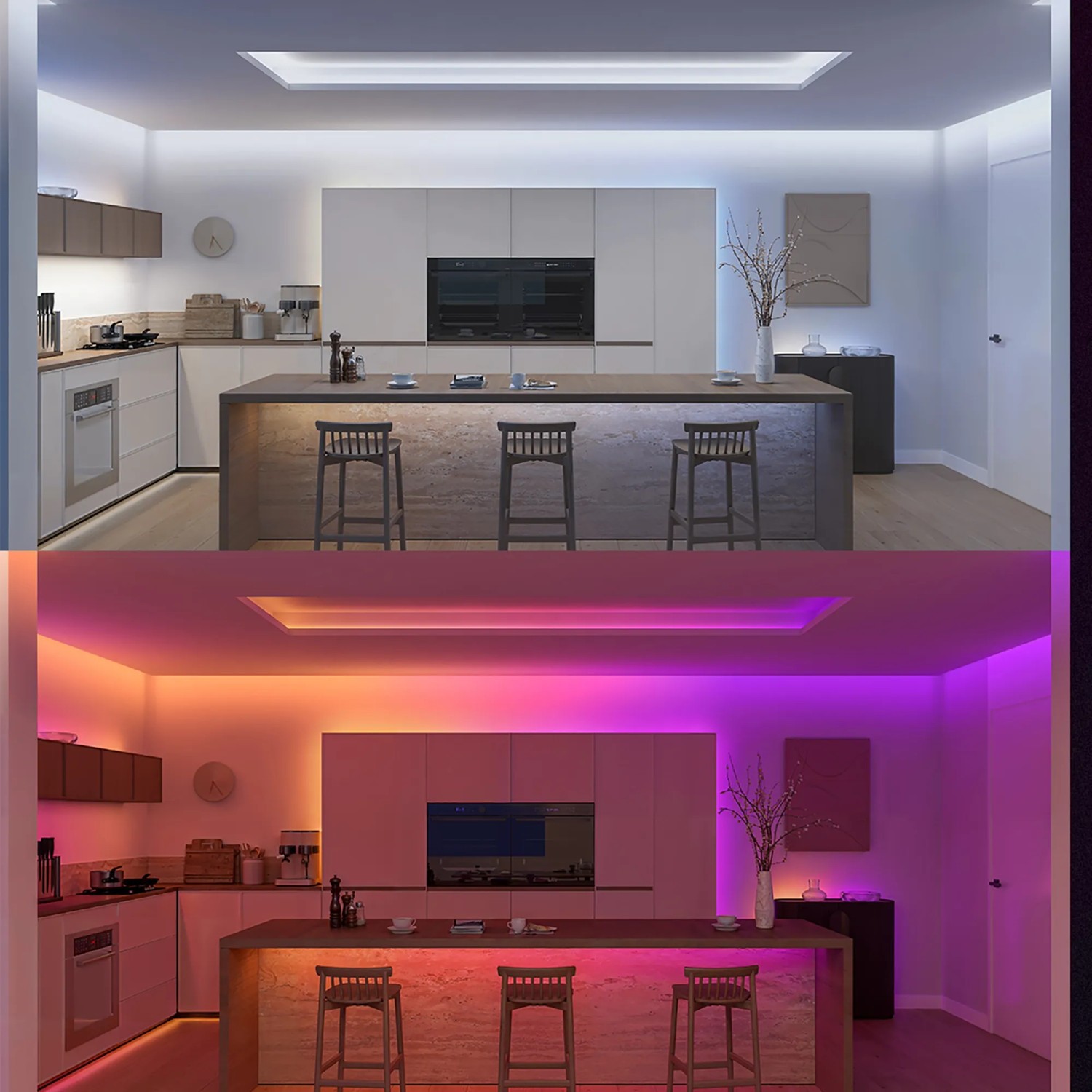 Philips Hue Lightstrip in Küche, oben Weißlicht, unten RGB-Farben. Flexibel zuschneidbar.