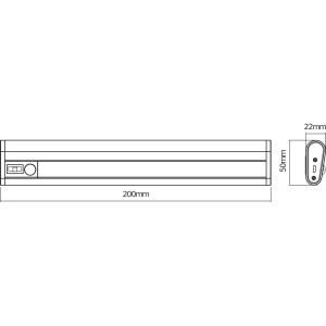 Technische Zeichnung der silbernen Ledvance LED Linear Unterbauleuchte, 20 cm lang, mit Maßen.