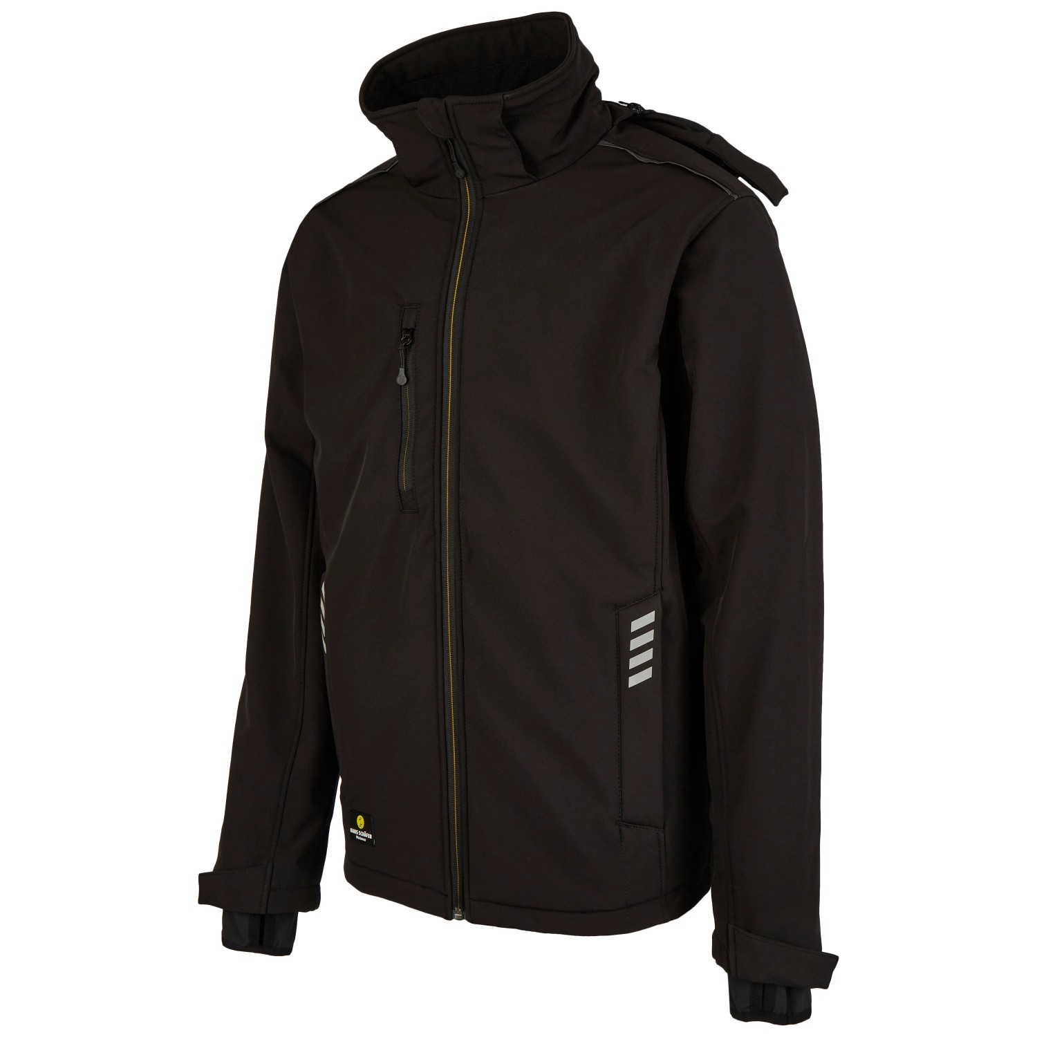 Schwarze Hans Schäfer Wintersoftshelljacke Gr. M für Arbeitskleidung mit Kapuze.