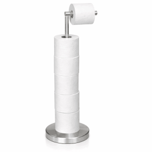 Freistehender Toilettenpapierhalter aus glänzendem Chrom-Metall mit runder Basis, für eine Rolle und fünf Ersatzrollen.