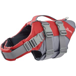 Rote Hunter Hundeschwimmweste Moss Gr. XL mit grauen Gurten, Schnallen und Handschlaufe für sicheres Schwimmen.