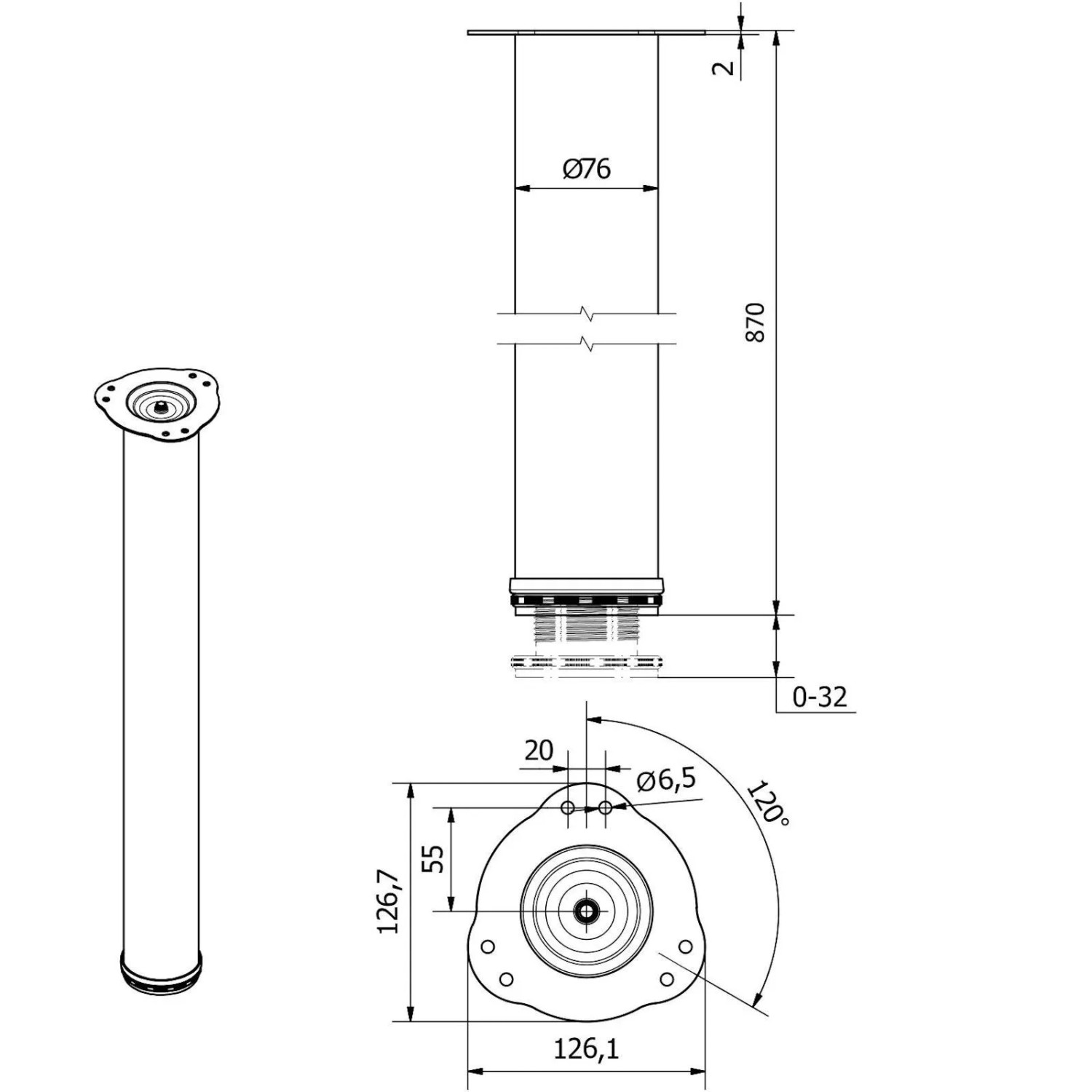 SOTECH 1 Stück Tischbein Höhe 870 mm Ø76 mm Ø80 mm Stahl mit Weißer Oberfläche_6