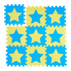 Puzzlematte aus 9 weichen EVA-Schaumstoffteilen in Blau und Gelb mit Sternen für Kinder und Babys.