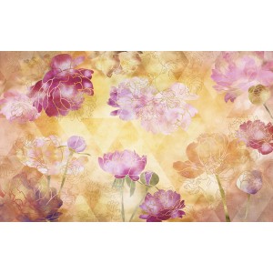 Fototapete mit Blumenmuster in Rosa, Gelb und Gold, 400x250 cm. Dekorative Wandgestaltung.