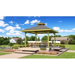 Weka Pavillon Gartenoase mit Dachaufsatz, 380x380 cm, im Garten mit Sitzgruppe.