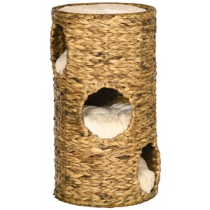 PawHut Kratztonne, geflochten aus Naturmaterial, mit 3 Höhlen und weichen Kissen. Gemütlicher Kratzbaum für Katzen.