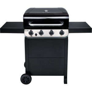 Schwarzer Char-Broil Gasgrill Convective 410 B mit 4 Brennern, Ablagen und Rädern.