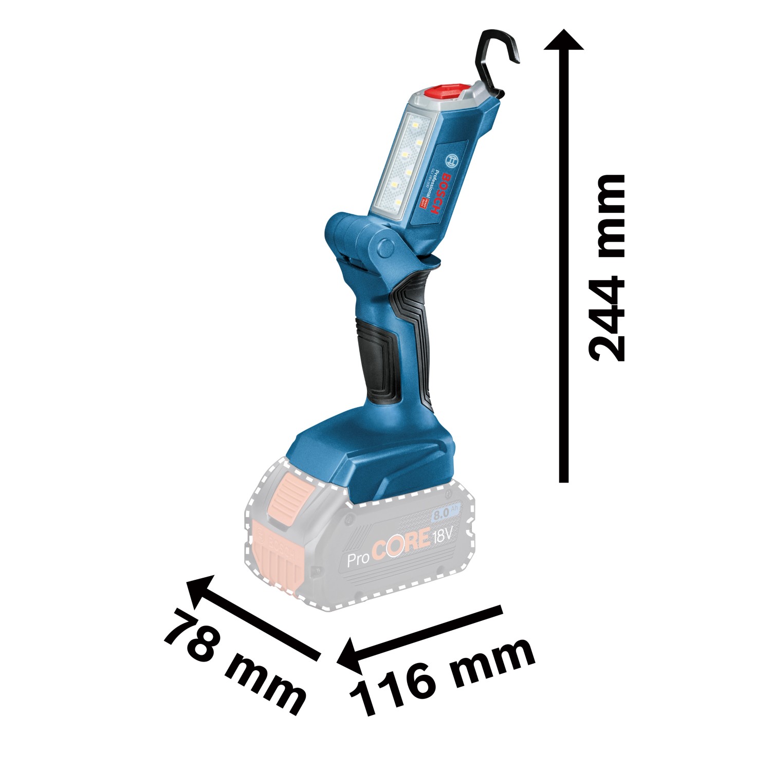 Bosch Professional GLI 18V-300 Akku-Lampe (ohne Akku/Ladegerät) mit Maßen 244x78x116 mm.