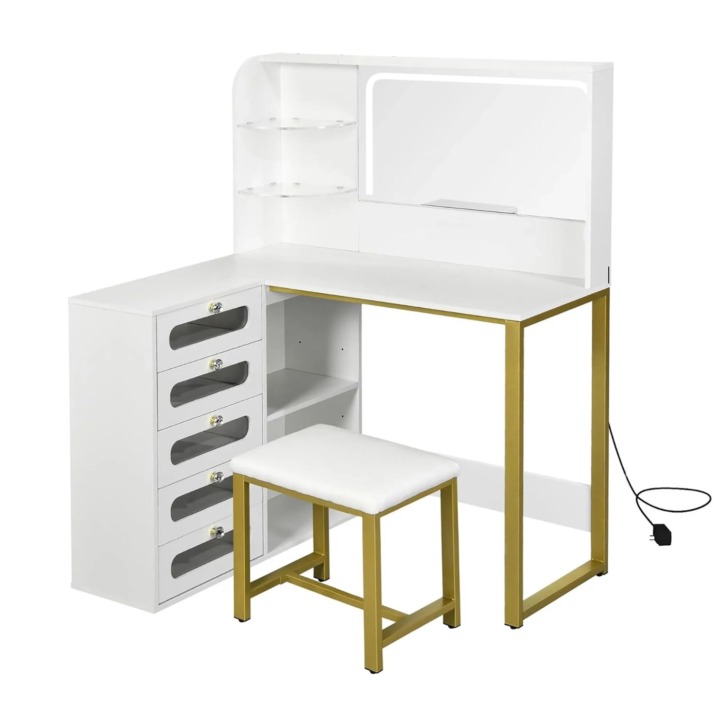 PXloue Schminktisch mit LED-Beleuchtung Spiegel Hocker und Schubladen