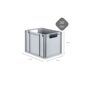 Graue PROREGAL Eurobox 30L mit Scharnierdeckel, Griffe offen, 32x30x40cm, für Lagerung & Transport.